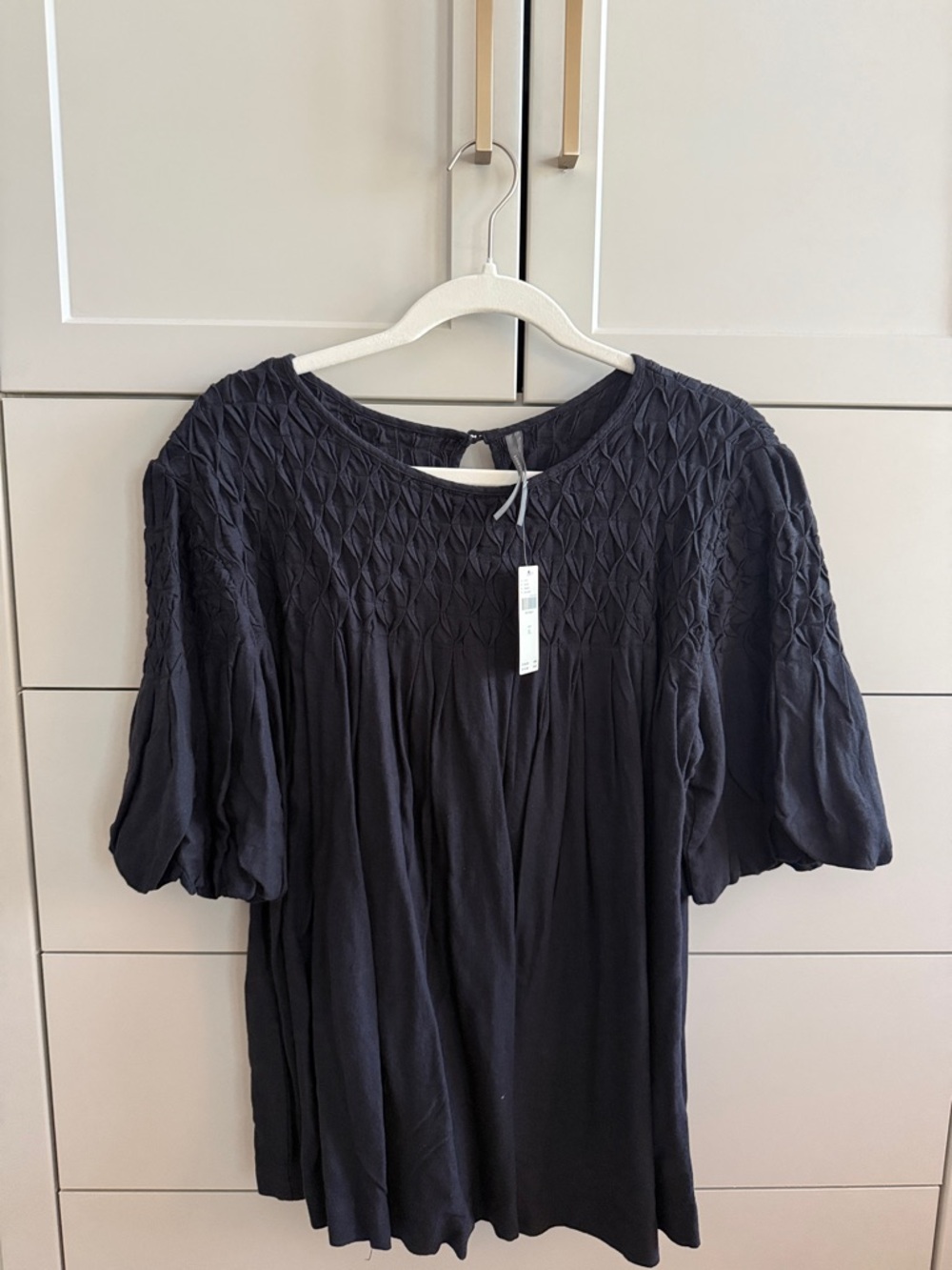 Anthropologie Black Textured Puff-Sleeve Peasant Blouse